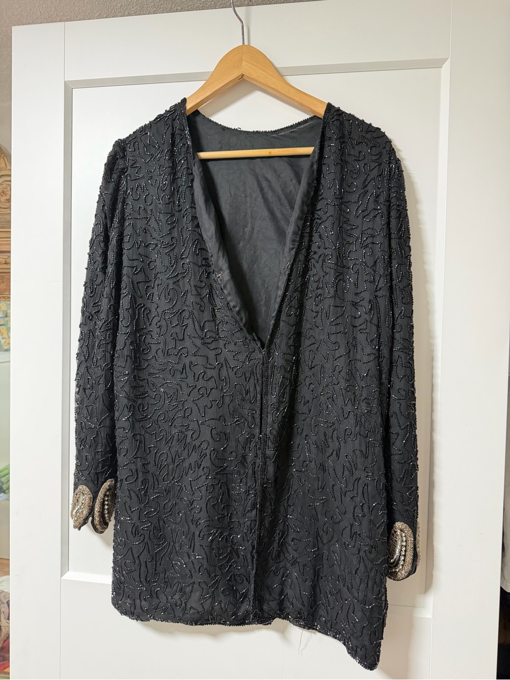 Black Vintage Beaded V-Neck Women’s Lounge Jacket